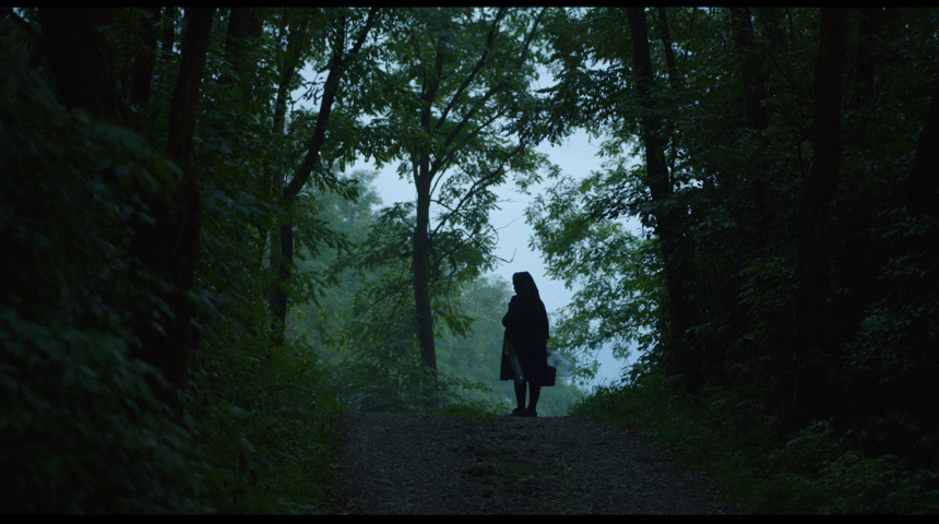 Eine Frau auf einem Waldweg. Es ist nur die schwarze Siluette zu erkennen.